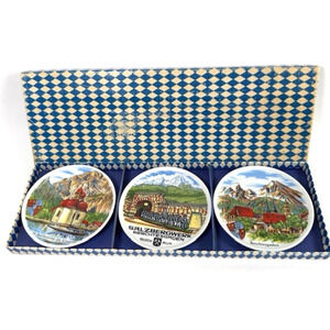 Berchtesgaden 3 souvenir porcelain Plates/Coasters Church, Salt Mine, & Town VTG